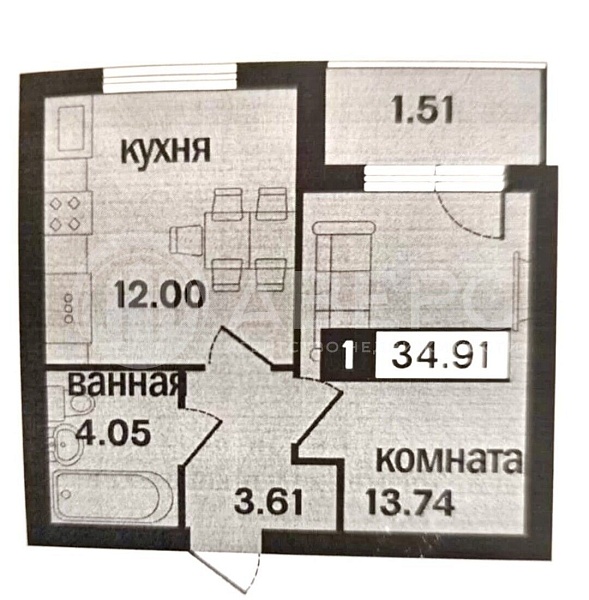 1-к квартира, 34 кв.м.